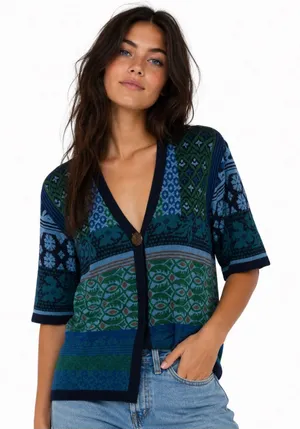 Coldwater Creek USA Mixed Pattern Cardigan Blue Green Rayon Knit Boho Sweater thumbnail 1