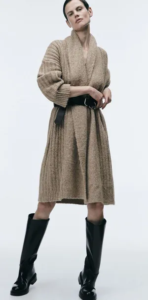 ZARA Tan Ribbed Knit Long Coat Cardigan Jacket thumbnail 4