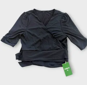 Size L Halara V Neck Wrap Crop Top Black thumbnail 1