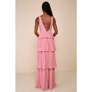 NWT Lulus Mesmerizing Essence Pink Pleated Backless Tiered Maxi Dress Gala Sz S thumbnail 3