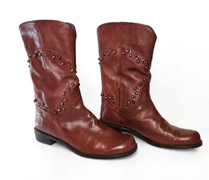 Stuart Weitzman Cognac Brown Leather Studded Western Mid-Calf Boots Womens 7M thumbnail 1