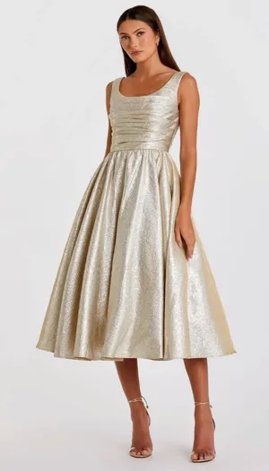 Mac Duggal Gold Metallic Scoop-Neck Fit-and-Flare Midi Dress thumbnail 1