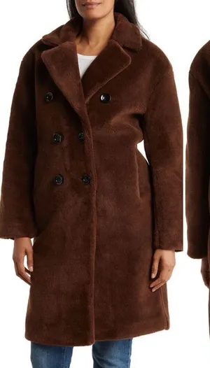 Rebecca Minkoff Faux Shearling Double Breasted Brown Coat XL thumbnail 1