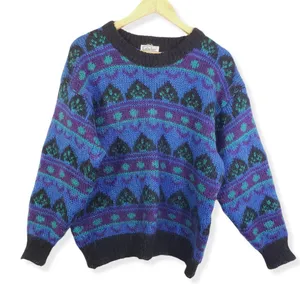 Vintage Gallagher Large Blue/Purple Geometric Cozy, Fuzzy, Knit Sweater GUC thumbnail 2