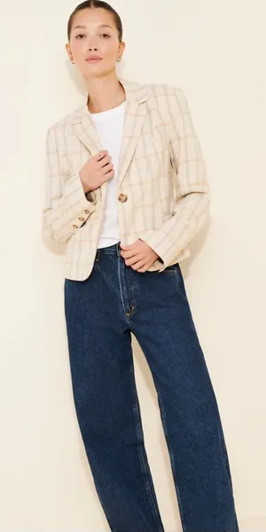 NWT Free People Whip Smart Classic Plaid Blazer Ivory Neutral XS thumbnail 1
