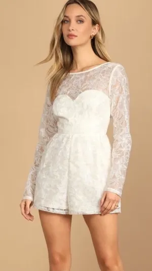 Lulus My Clarity Ivory Mesh Floral Embroidered Romper Bridal Size Medium Lace thumbnail 1
