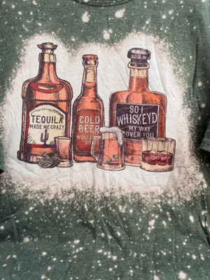 Gildan Green Bleach-Splatter Tee with Whiskey & Bottle Graphic thumbnail 2