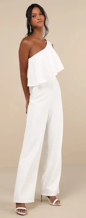 NWT Lulus Flawless Vibes White One-Shoulder Tiered Wide-Leg Jumpsuit Elegant L thumbnail 1