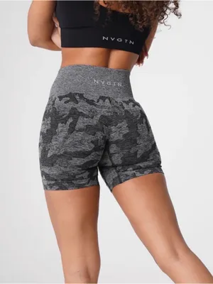 NVGTN Camo Seamless Shorts Grey Black Medium High Rise Workout Biker Gym M thumbnail 1