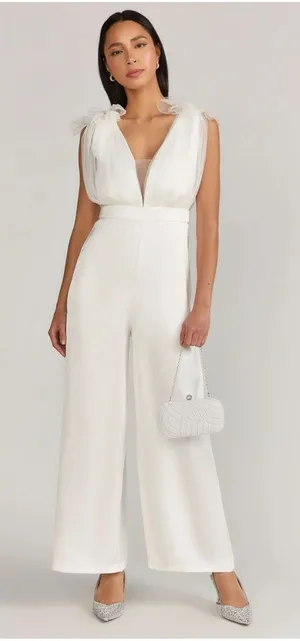 🤍 Aakaa White Ruffle Tulle Bodice Wide Leg Jumpsuit Women’s M Bridal‎ 🤍 thumbnail 1