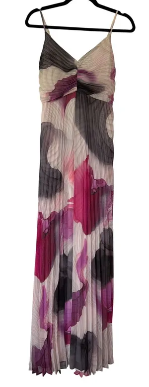 Express Floral Abstract Micro Pleated Maxi Dress Plum Magenta Watercolor L‎ NWT thumbnail 1