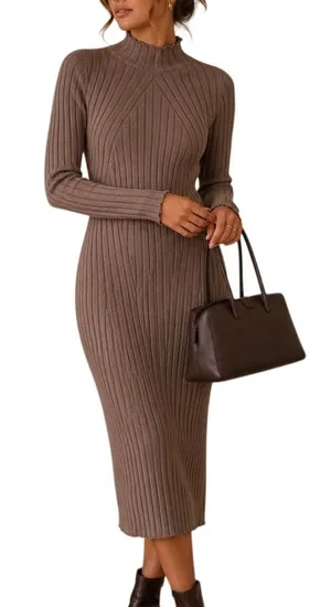 Abercrombie Mock Neck Knit Midi Sweater Dress Small Brown Fall Old Money Minimal thumbnail 1