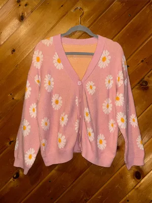 SheIn Hot pink Daisy floral print open front button cardigan sweater thumbnail 5