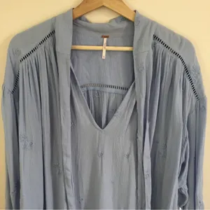 Free People Light Baby Blue Wishful Moments Tie Neck Tunic Top NEW thumbnail 6