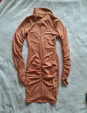 Oh Polly Caramel Ruched Long Sleeve Shirt Mini Dress US 4 thumbnail 8