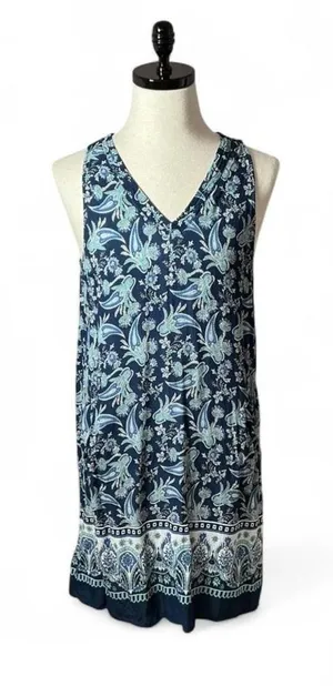 Roper Paisley Boho Sleeveless Dress Womens XL Blue V-Neck Border Print Rayon thumbnail 1
