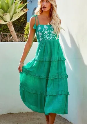 Vici NEW -PARISA EMBROIDERED TIERED MIDI DRESS - GRE thumbnail 1