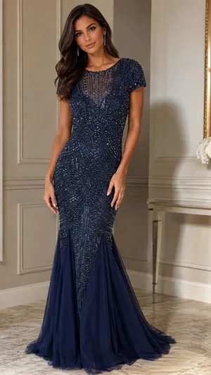 Sherri Hill 51426 Size 4 NWT Navy Beaded Mermaid Evening Gown Formal Prom Dress thumbnail 1