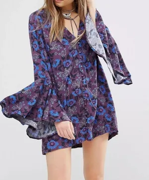 Free People Wine Purple Blue Boho Floral Mystery Bell Sleeve Tunic Blouse thumbnail 1