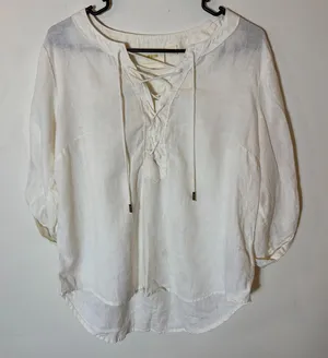 Maeve Anthropologie Cream Linen‎ Lace-Up Tunic Top Roll-Tab Sleeve Blouse Size 6 thumbnail 1