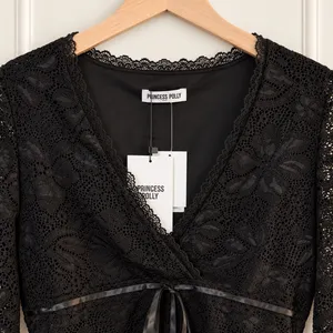 Princess Polly Black Floral Lace Wrap Top Size 10 NWT Ribbon Tie Long Sleeve thumbnail 3