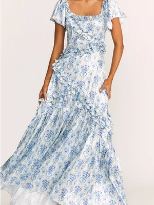 LoveShackFancy Kenya Ruffled White and Blue Floral Maxi Dress Size 2 thumbnail 2
