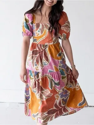 Vibrant Tropical Abstract Print Puff Sleeve Tiered Dress Square Neck Size XS thumbnail 12