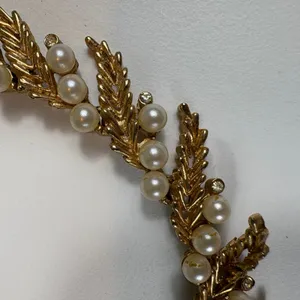 Vintage‎ Trifari Gold Tone Faux Pearl Leaf Necklace & Bracelet Set thumbnail 2