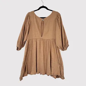 Free People Beach Dress Brown Get Obsessed Babydoll Mini Puff Sleeve A Line XS thumbnail 3