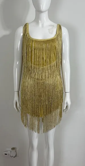 Women’s Yellow Gold Flapper Fringe Gypsy Mini Dress Low Back Party Dance Size S thumbnail 1
