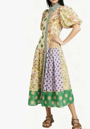 Women's Sexy Short Puff Sleeve Lapel V Neck Button Printed Colorblock Bodycon Cocktail Party Holiday Dress thumbnail 4