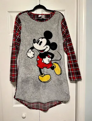 Disney Mickey Mouse Plaid Fleece Sleep Shirt Nightgown Dress Size Small/Medium thumbnail 1