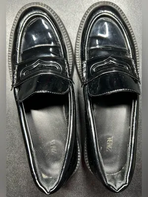 Zara Size 37/6.5–7 Black Patent Leather Chunky Heel 90s Y2K Penny Loafers thumbnail 4