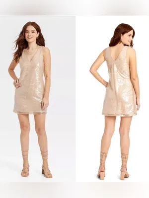 🆕 A New Day Womens Champagne Sequin V-Neck Mini Dress Size XS thumbnail 2