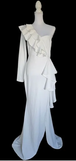 White Asymmetrical Ruffled Fitted Gown Size L thumbnail 1