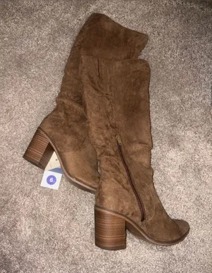 Women's Brown Suede Mid-Calf Block Heel Boots size 6 thumbnail 1