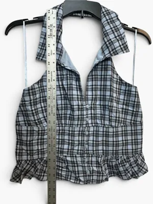 Hollister Blue Plaid Halter Peplum Top Women’s M Button Front Ruffle Y2K thumbnail 7