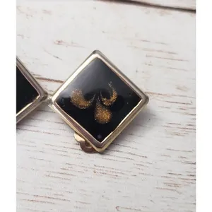 Vintage Clip On Earrings Diamond Shape Black with Dark Gold Pattern 7/8" thumbnail 3