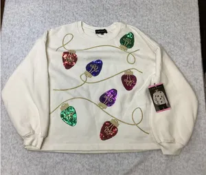 State of Mine Womens Sparkle Christmas Light Sequin Sweatshirt Cream Small 16036 thumbnail 1