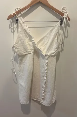 Oh Polly Mini‎ Dress White Ruffle Tie Strap V Neck Button Front Linen Blend thumbnail 1