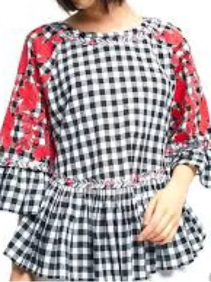 Anthropologie Panknj & Nidhi Tunic Women Medium Black Gingham Red Floral Peplum thumbnail 10