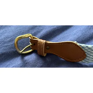 Woven Braided Fabric Belt Light Blue White Gold Buckle Faux Leather Trim 35 Inch thumbnail 2