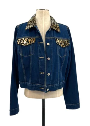 Vintage Playboy Leopard Trim Denim‎ Jacket Y2K Cropped Jean Jacket Size Large thumbnail 1