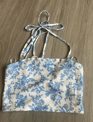 Blue Floral Halter Crop Top thumbnail 1