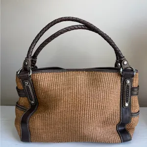 Vtg Fossil Raffia & Brown Leather Braided Handles Boho Spring Satchel thumbnail 3