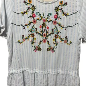 Boho Blue White Embroidered‎ Peplum Top Vintage-Inspired Cottagecore Vibes Sz M thumbnail 4