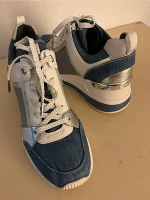 Michael Kors women denim and White leather platform Georgie trainer sneakers 7 thumbnail 9