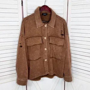 Oddy‎ Shacket Jacket Women Medium Large Brown Distressed Jersey Knit Cropped thumbnail 8