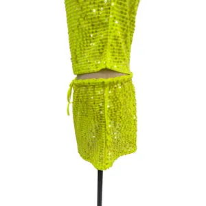 Lovers + Friends Erin Sequin Crop Top Mini Skirt Set Lime Green NWT Size Small thumbnail 8