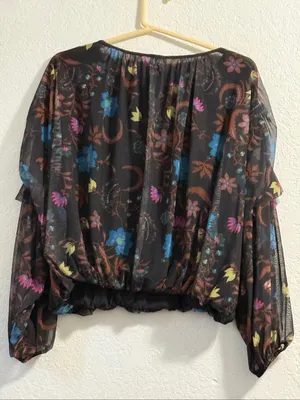 Free People Black Wildflower Floral Print Mesh Blouse Shirt Size S oversized thumbnail 2